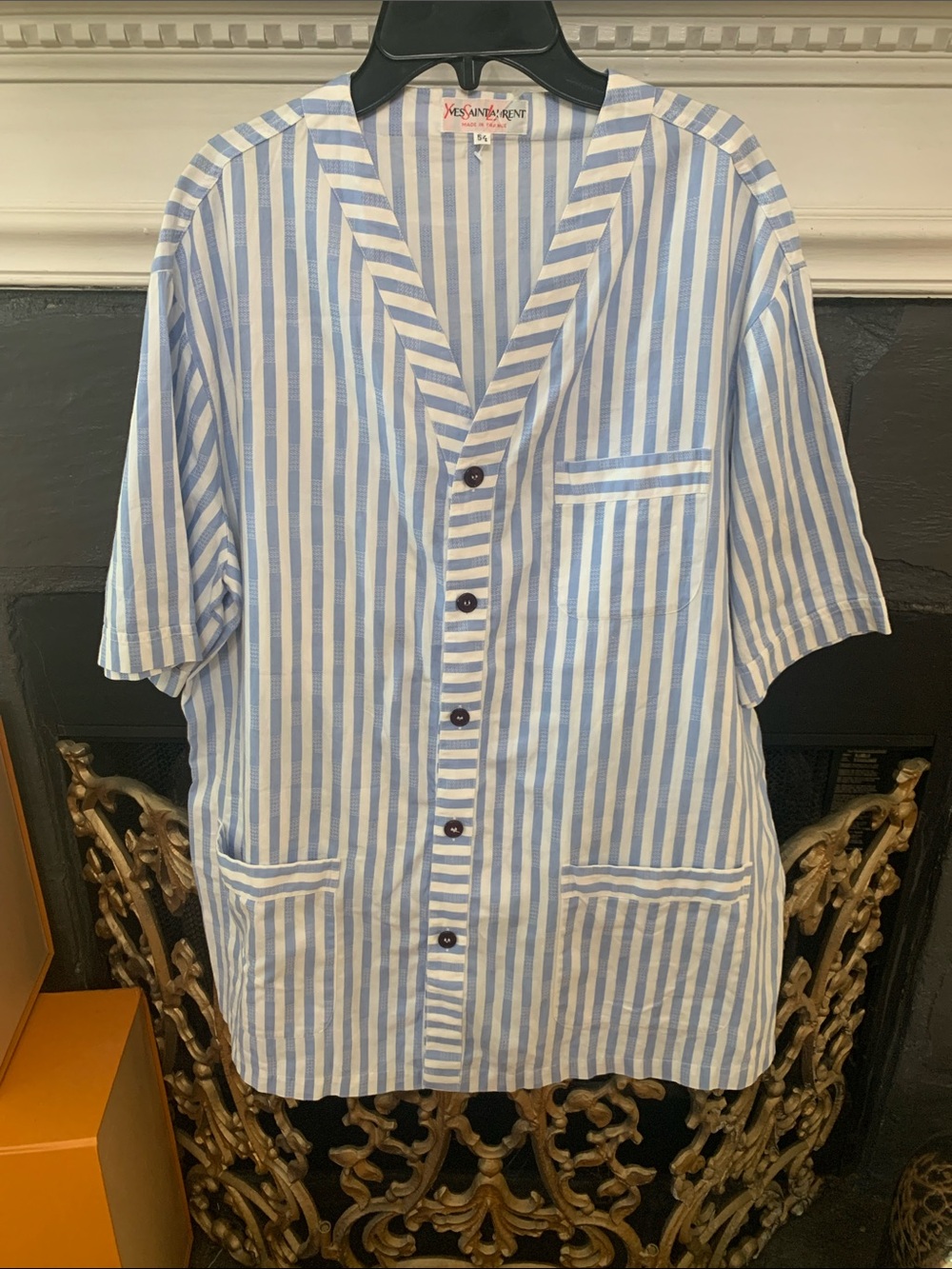 Yves Saint Laurent Blue & White Vertical Stripe Button Front Shirt